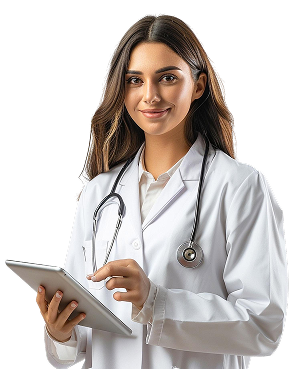 Female doctor in white coat holding a tablet, representing QNB Healthcare home nursing and medical care services 